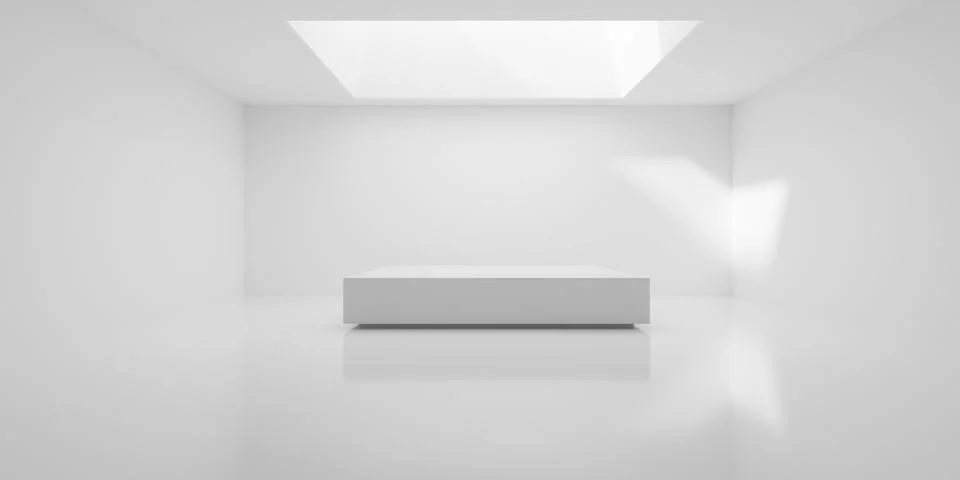 Empty white room with square ceiling opening above podium, modern empty int.. Stock Illustration