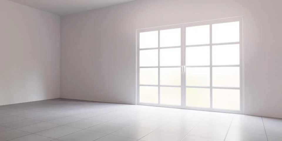 Empty white room studio interior with bright day light 3d render illustration Stock Illustration