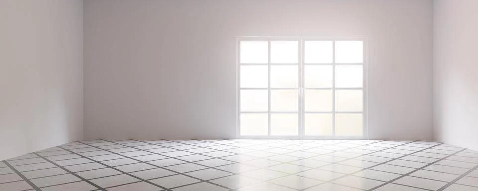 Empty white room studio interior with bright day light 3d render illustration Stock Illustration