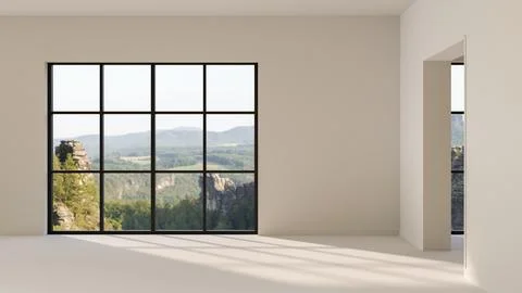 Empty white room with sunlight through glass wall window shining on floor a.. Illustrazione stock