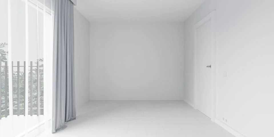 Empty white room with window and door in modern apartment 3d render illustration Stock Illustration