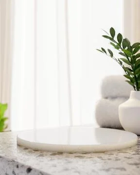 Empty white round marble display platform with towel and ceramic vase on gr.. イラスト素材