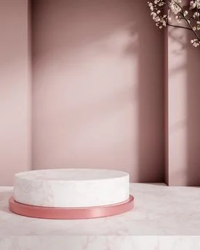 Empty white round marble product display platform with sakura cherry blosso.. Stock Illustration