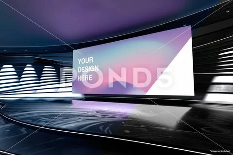 Empty white screen mock up on wall inside of modern auditorium with futuristic g PSD Template