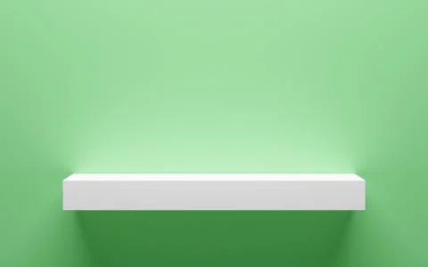 Empty white shelf on green wall with light from the top. 3d illustration Illustrazione stock