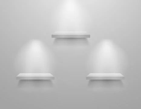 Empty white shelves. Store museum display mockup. Realistic interior modern Stock Illustration