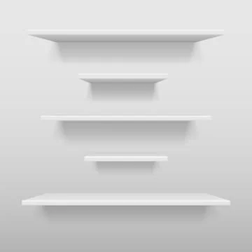 Empty white shop or exhibition shelf, retail white shelves mockup. Realistic Stock Illustration