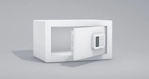 Empty White Small Vault With Open Door on a Soft Gray Studio Background. Stockillustratie