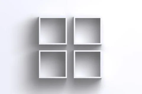 Empty white square frame shelf boxes on blank wall Ilustración de archivo