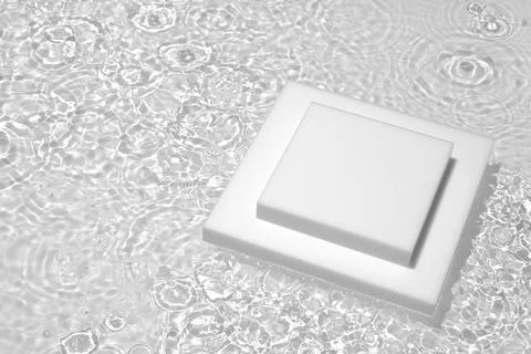 Empty white square podium on transparent clear water background Stock Photos