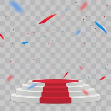 Empty white stage with red carpet and with confetti Stock Illustration