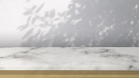 Empty White Stone Marble Tabletop with shadows leaf with blowing wind Stock Footage 155216035