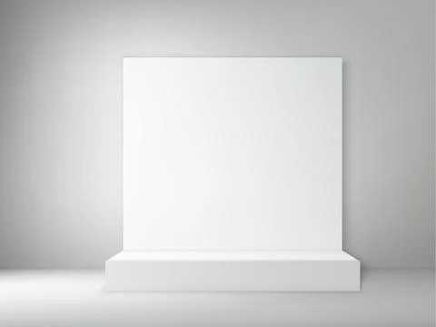 Empty white studio room with blank table podium. Illustrazione stock