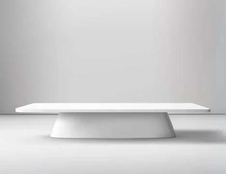Empty white studio room with blank table podium. Illustrazione stock