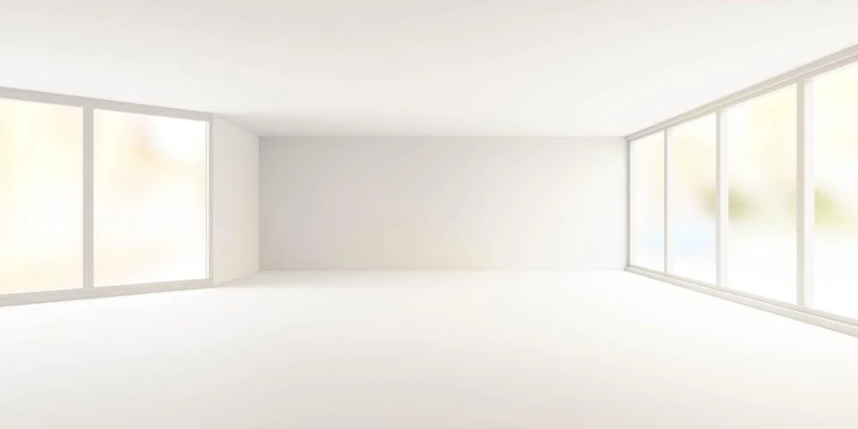 Empty white studio room with bright day light and big windows 3d render Stock Illustration