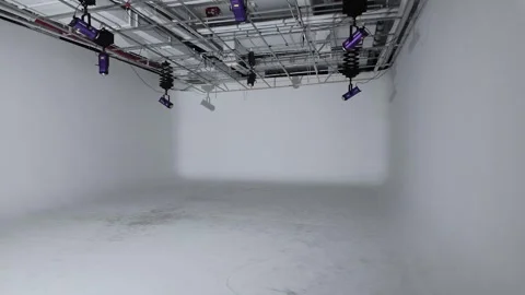 Empty White Studio Room with Professional Lighting Equipment and Ceiling Grid 스톡 동영상 340471944
