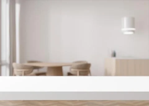 Empty white table top and blured kitchen, dining room interior on the background Stock Illustration