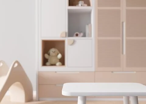 Empty white table top and blurred kids room interior on the background. Copy Stock Illustration