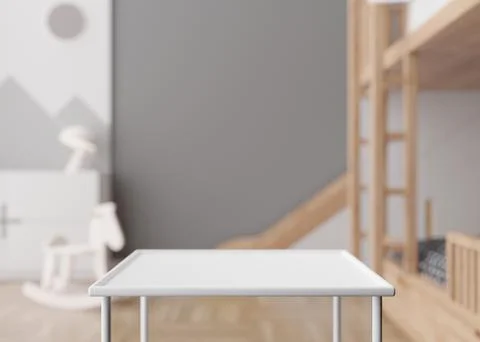 Empty white table top and blurred kids room interior on the background. Copy 스톡 일러스트
