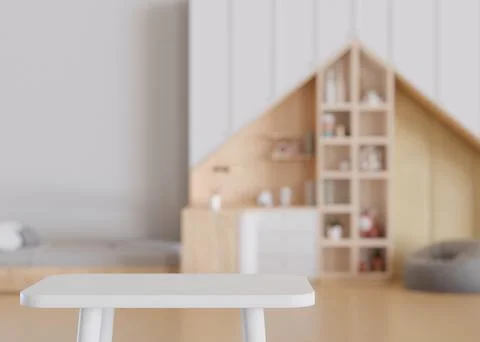Empty white table top and blurred kids room interior on the background. Copy Stock Illustration