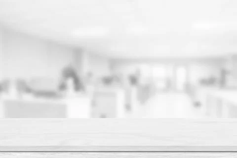 Empty white table top, counter over blur white bokeh light background. Empty  스톡 일러스트