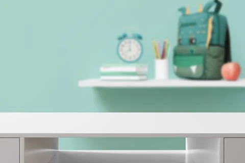 Empty white tabletop foreground with softly blurred background featuring school Stock Illustration
