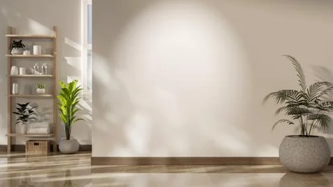 An empty white wall along the wooden floor corridor to a corner with displa.. Stock Illustration