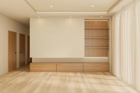 Empty white wall and floating shelves over wood table on parquet floor with.. Stock Illustration