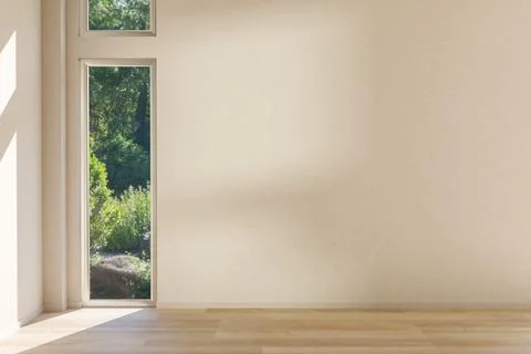 Empty white wall and glass pane window over wooden parquet floor in room of.. Ilustración de archivo