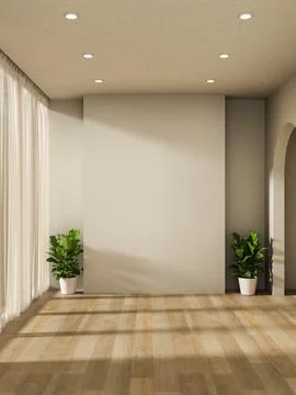 Empty white wall and pot plants on wooden parquet floor with sunlight throu.. Ilustración de archivo