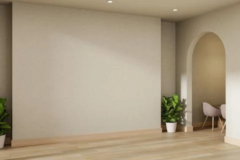 Empty white wall and potted plant on wooden parquet floor corridor with arc.. Ilustración de archivo