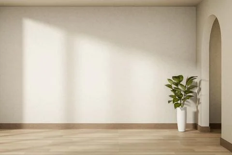 Empty white wall and potted plant on wooden parquet floor corridor to arch .. Ilustración de archivo