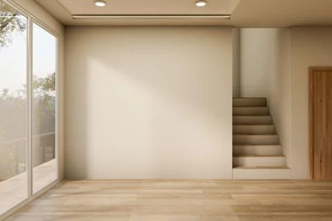 Empty white wall and stairs on wooden parquet floor and sunlight from balco.. Ilustración de archivo