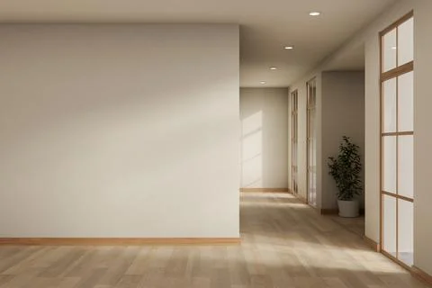 Empty white wall and wooden parquet floor with sunlight through window in c.. Stock Illustration