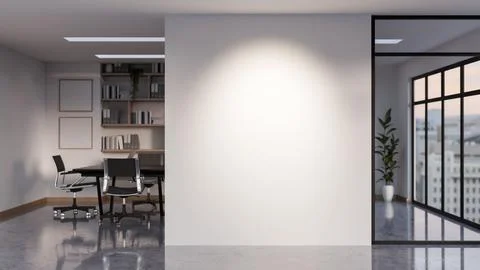 Empty white wall between a meeting room with black table and armchair and s.. Stock Illustration