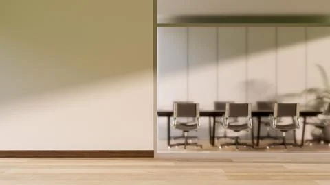 Empty White wall between a meeting room with table and chairs and wooden fl.. Stock Illustration