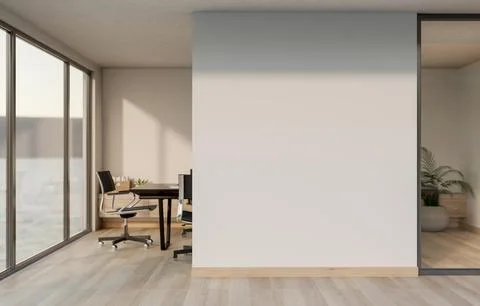 Empty white wall between office working table with armchairs and a resting .. Stock Illustration