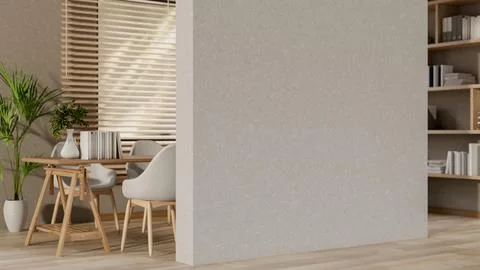 Empty white wall between a study or working corner and the wooden parquet f.. 스톡 일러스트
