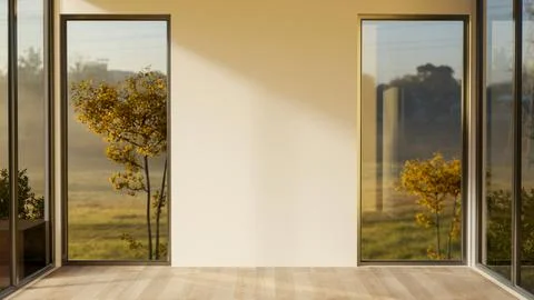 Empty white wall between two glass doors of a wooden parquet floor room wit.. Stock Illustration