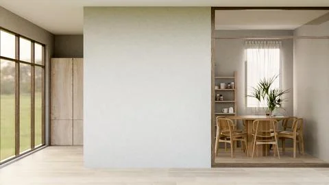 An empty white wall between wooden floor corridor and a dining room with a .. Stock Illustration