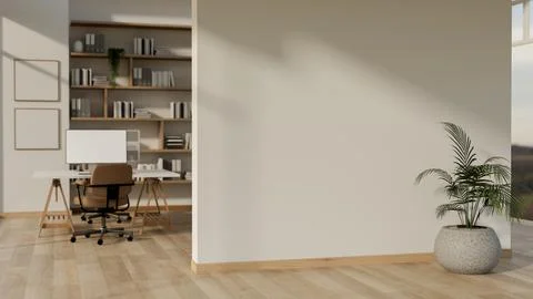 Empty white wall between the working area with computer on table and chair .. Stock Illustration