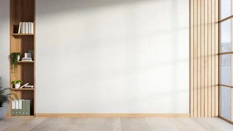 Empty white wall with build in shelf and wooden parquet floor in sunlit roo.. Stock Illustration