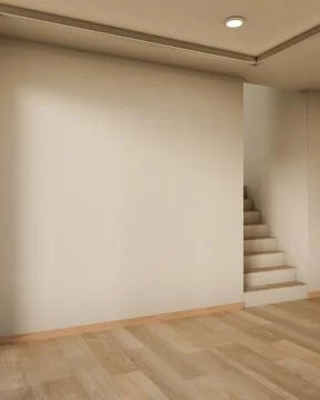 Empty white wall with ceiling lamp aside stairs over wooden parquet floor i.. Ilustración de archivo