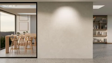 An empty white wall of a dining room with a set of table and chairs and mar.. Stock Illustration