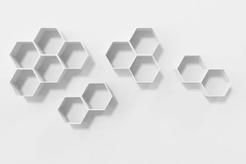 Empty white wall with hexagon shelves on the wall, 3D rendering Stock Illustration