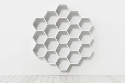 Empty white wall with hexagon shelves on the wall, 3D rendering Stock Illustration
