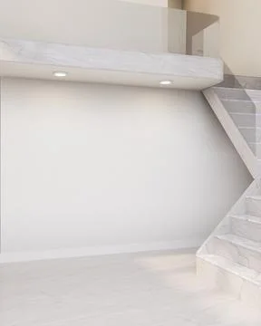 Empty white wall with lamps and marble tiles floor under second floor and s.. Ilustración de archivo