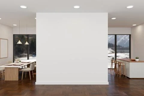 Empty white wall mockup in a modern, luxurious spacious room with a dining .. Stock Illustration