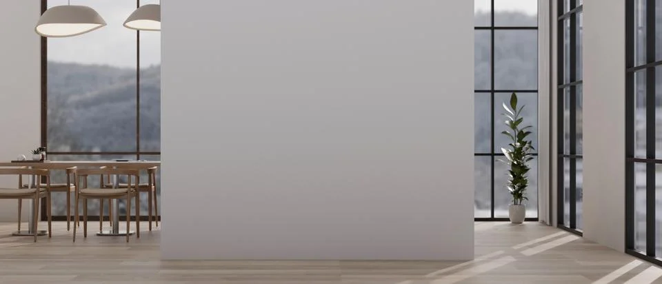 Empty white wall mockup space in a modern spacious room with large glass wi.. Stock Illustration