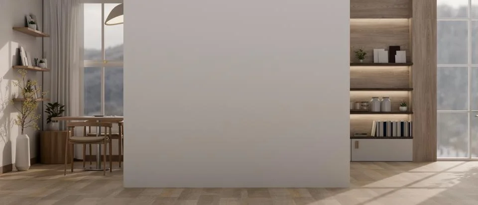 Empty white wall mockup space in a modern spacious room with a dining table.. Illustrazione stock